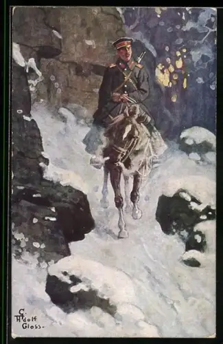 Künstler-AK Bulgarischer Meldereiter im Schneebedeckten Felsental