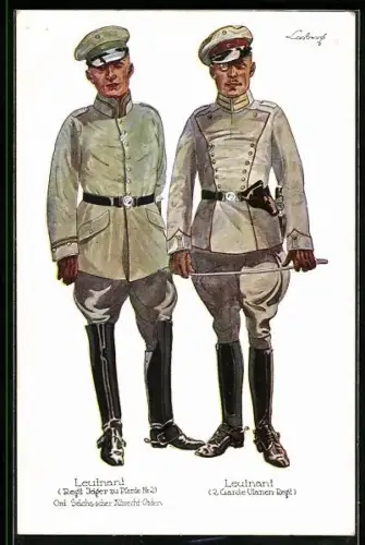 Künstler-AK Leutnant Regt. Jäger zu Pferde Nr. 2 & Leutnant 2. Garde-Ulanen-Regt. in Uniformen