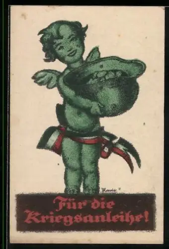 AK Kriegsanleihe, kleiner Engel mit gefülltem Stahlhelm