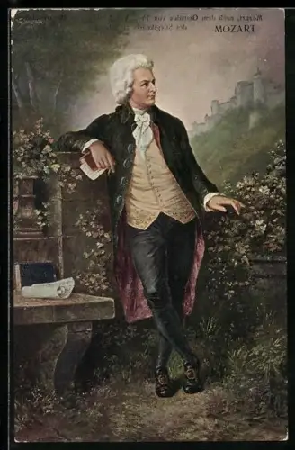 Künstler-AK W. A. Mozart beim Komponieren im Park