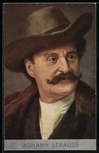 Künstler-AK Portrait Johann Strauss mit Schnauzbart u. Hut