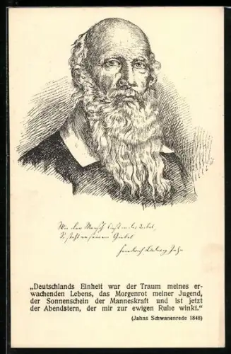 AK Turnvater Jahn, Portrait und Text von Jahns Schwanenrede 1848 über Deutschlands Einheit