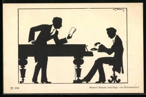 AK Richard Strauss und Hugo von Hofmannsthal am Klavier, Scherenschnitt