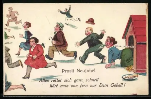 Künstler-AK Prosit Neujahr, Alles rettet sich ganz schnell, frauenfeindlicher Humor