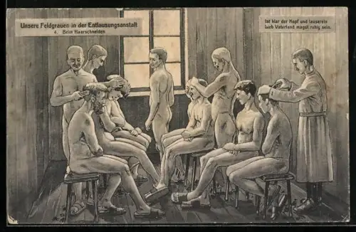 AK Entlausungsanstalt, nackten Soldaten werden die Haare geschnitten