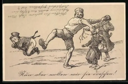 AK Nun aber wollen wir sie strafen!, deutscher Soldat verprügelt die verfeindeten Nationen