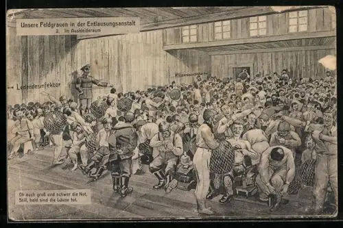 AK Unsere Feldgrauen in der Entlausungsanstalt, Im Auskleideraum