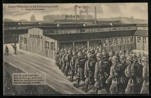 AK Unsere Feldgrauen in der Entlausungsanstalt, Einzug ins Lausoleum