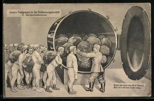 AK Unsere Feldgrauen in der Entlausungsanstalt, Desinfektionskessel