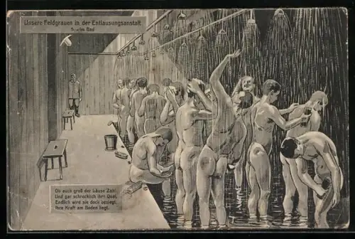 AK Entlausung, unsere Feldgrauen in der Entlausungsanstalt, Nr. 5 im Bad