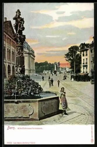 AK Bern, Kindlifresserbrunnen bei Abendstimmung