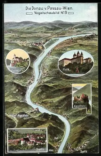 Künstler-AK Eugen Felle: Spitz, die Donau v. Passau-Wien, Totalansicht