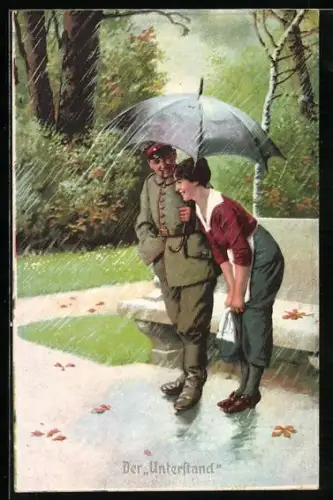 Künstler-AK Arthur Thiele unsign.: Der Unterstand, Soldat mit einer Frau unter einem Regenschirm