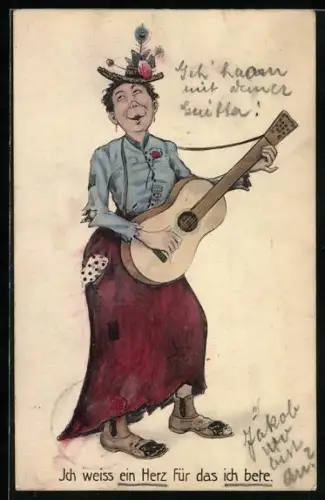 Künstler-AK Willi Scheuermann: Leise flehen meine Lieder, Bettlerin spielt auf der Gitarre
