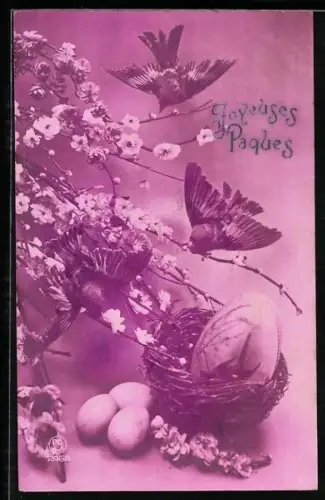 Foto-AK P. C. Paris: Vögel am Osterkorb, Ostergruss