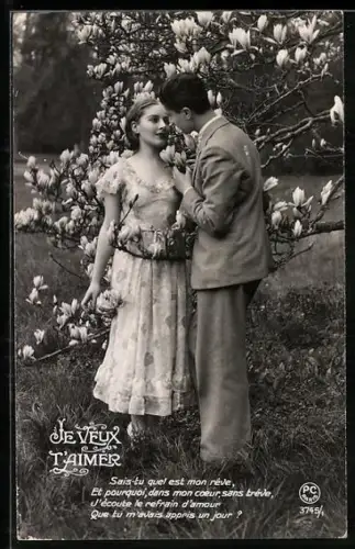 Foto-AK P. C. Paris: Liebespaar an blühendem Strauch