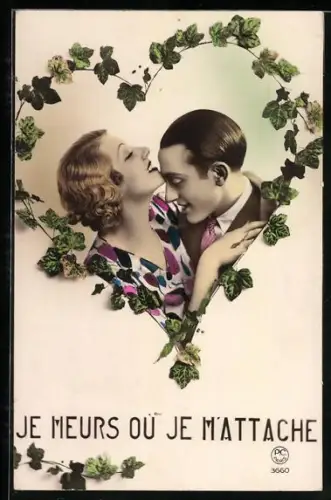 Foto-AK P. C. Paris: Liebespaar im Herz aus Blättern