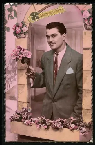 Foto-AK P. C. Paris: Eleganter Herr mit Rosen, Neujahrsgruss