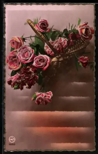 Foto-AK P. C. Paris: Korb mit Rosen und Nelken