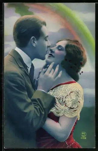 Foto-AK P. C. Paris: Liebespaar unterm Regenbogen