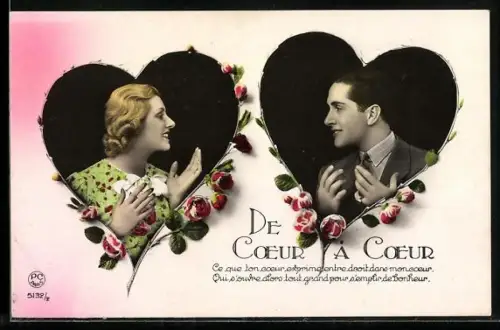 Foto-AK P. C. Paris: Junge Dame und Herr in zwei Herzen