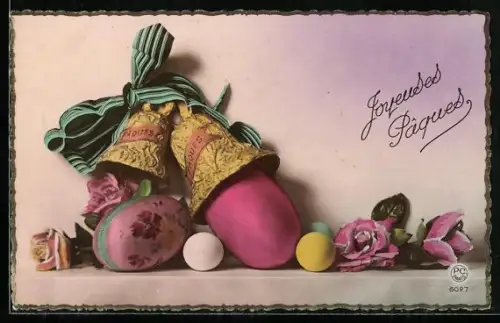 Foto-AK P. C. Paris: Ostereier mit Glocken, Ostergruss
