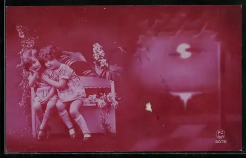 Foto-AK P. C. Paris: Zwei Kinder an Bank bei Mondschein