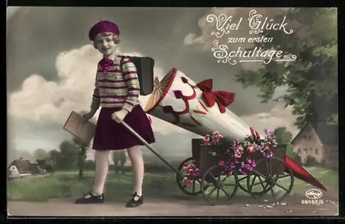 Foto-AK Amag Nr. 64485/6: Mädchen mit grosser Zuckertüte zum Schulanfang