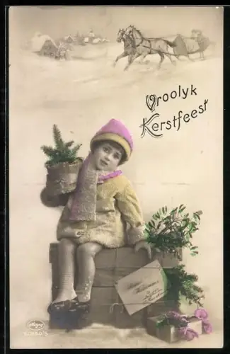 Foto-AK Amag Nr. 62850/5: Kleines Mädchen mit Paket, Schlitten von zwei Pferden gezogen