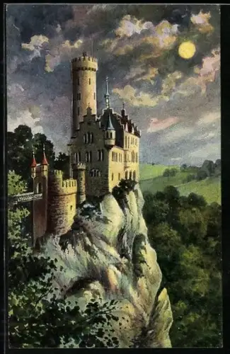 Künstler-AK Schloss Lichtenstein, Vollmondnacht am Schloss