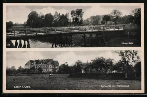 AK Essen i. Oldb., Hasebrücke und Dorfpartie mit Krankenhaus