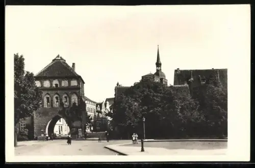 AK Stralsund, Kniepertor mit Passanten und Grünanlagen