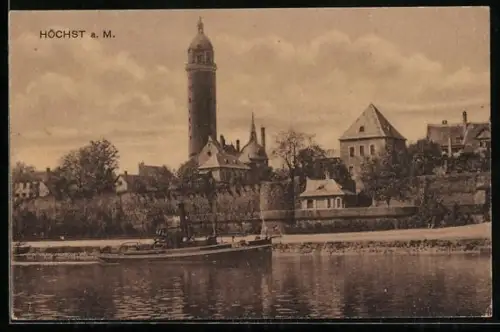 AK Höchst a. M., Uferpartie mit Kirchturm und nahen Gebäuden