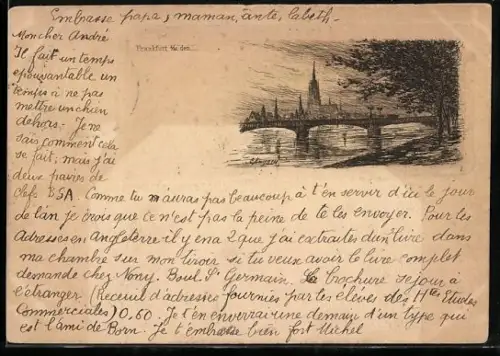 Lithographie Frankfurt a. M., Flusspartie mit Brücke