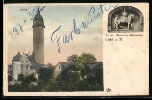 Lithographie Höchst a. M., Schloss, Der heilige Martin am Schlossportal