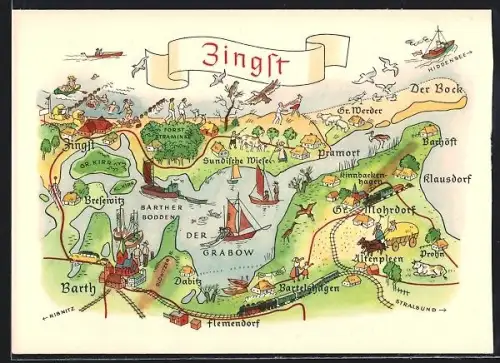 AK Zingst / Darss, Karte der Umgebung mit Grabow, Barth und Altenpleen