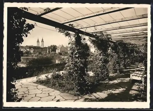 AK Waldsee / Württ., Partie im Rosengarten mit Kirche im Hintergrund