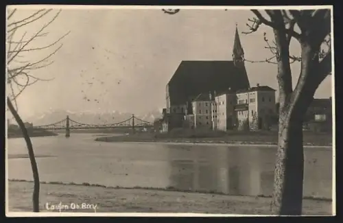 AK Laufen / Salzach, Kirche und Brücke vom Wasser aus