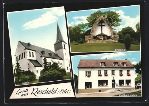 AK Rescheid /Eifel, Ehrenmal, Kaufhaus Jütten und Kirche
