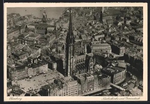 AK Hamburg, Nicolaikirche und Innenstadt aus der Vogelschau