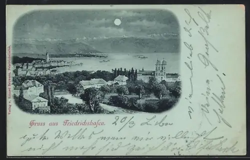 AK Friedrichshafen, Ortsansicht mit Kirchen und Bodensee