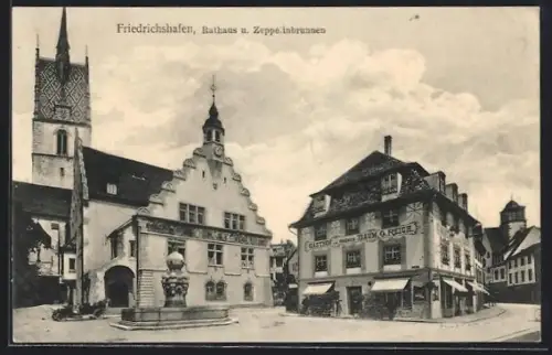 AK Friedrichshafen, Gasthaus zum Grünen Baum, Rathaus und Zeppelinbrunnen
