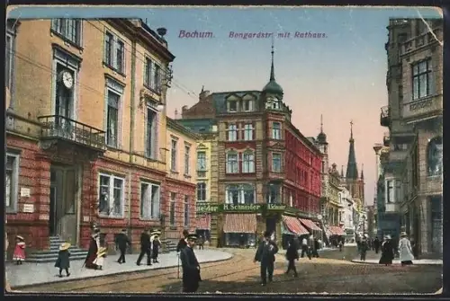 AK Bochum, Bongardstrasse mit Rathaus und Geschäften