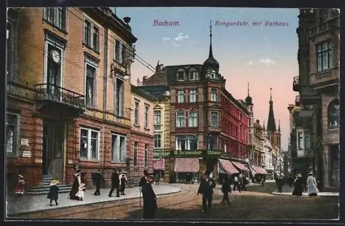 AK Bochum, Bongardstrasse mit Rathaus und Geschäften