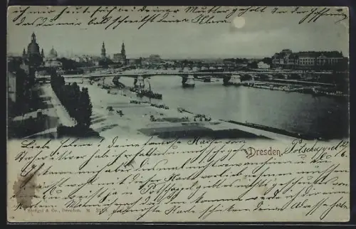 Mondschein-AK Dresden, Elbpartie am Terrassenufer