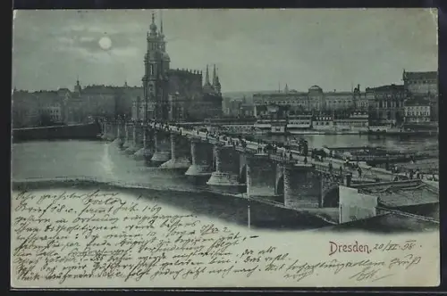 Mondschein-AK Dresden, Friedrich-August-Brücke mit Schlosskirche