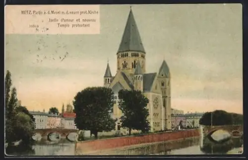 AK Metz, Partie a. d. Mosel m. d. neuen prot. Kirche