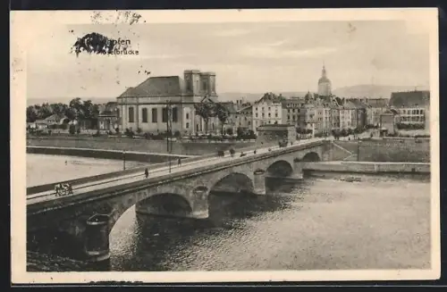 AK Diedenhofen, Moselbrücke mit Blick in den Ort