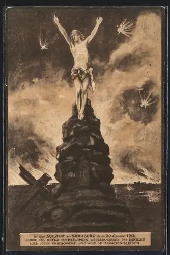 Künstler-AK Saareburg, Das Kreuz des Heilands wurde in der Schlacht am 20. August 1914 weggeschossen