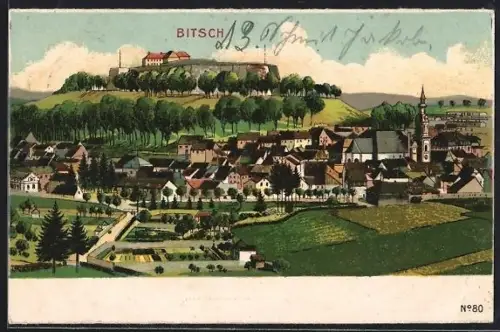 AK Bitsch, Vue sur le village et la citadelle sur la colline